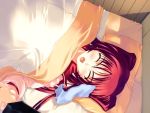  bed blush closed_eyes game_cg hand_holding holding_hands kousaka_tamaki open_mouth red_hair redhead school_uniform sick tears to_heart_2 