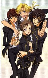  black_hair blonde_hair blue_eyes braid brown_hair code_geass gino_weinberg green_eyes hug kururugi_suzaku lelouch_lamperouge male multiple_boys official_art open_clothes open_shirt pink_eyes purple_eyes rolo_lamperouge sakou_yukie school_uniform shirt smile turtleneck v violet_eyes 