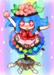  blue_hair chibi duel_love food fruit hat heaven_condition hinanawi_tenshi holding holding_fruit keystone lowres parody peach red_eyes ribbon ruto_(petatann) shide shimenawa solo touhou 