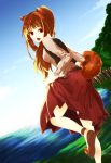  brown_hair cloud clouds dress fang holo horo lake long_hair ponytail red_eyes skirt skirt_lift smile spice_and_wolf tail thighs tree wolf_ears 