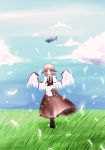  blimp dirigible feathers grass hanetsuki_tokei mystia_lorelei pink_hair red_eyes short_hair touhou wings 