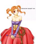  bare_shoulders breasts cleavage dragon_quest dragon_quest_viii dress earrings highres jessica_albert jewelry orange_hair red_eyes redhead solo sorano_namida strapless_dress twintails wand whip 