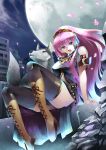  blue_eyes boots headphones highres knee_boots long_hair megurine_luka moon pink_hair sitting sts thigh-highs thighhighs very_long_hair vocaloid wolf 