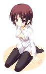  black_legwear black_thighhighs breasts brown_hair cleavage kneeling meito_(maze) open_clothes open_shirt purple_eyes red_hair seiza shirt short_hair sitting smile solo thigh-highs thighhighs violet_eyes 