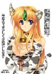  bell bell_collar blonde_hair blue_eyes breasts bridal_gauntlets broken_horn cleavage collar cow_bell cow_print cow_tail elbow_gloves fingerless_gloves gloves horns kotoyoro long_hair new_year riesz seiken_densetsu seiken_densetsu_3 solo tail tamiya_akito 