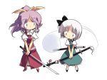  blue_eyes chibi flower ghost hair_ribbon hitodama konpaku_youmu konpaku_youmu_(ghost) myon purple_eyes purple_hair ribbon silver_hair sword touhou violet_eyes watatsuki_no_yorihime weapon 