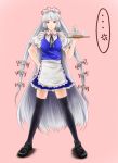  bad_id cosplay daizu_(daizubatake) daizu_(pixiv449480) fujiwara_no_mokou hair_ribbon izayoi_sakuya izayoi_sakuya_(cosplay) long_hair maid red_eyes ribbon silver_hair solo thigh-highs thighhighs touhou tray zettai_ryouiki 