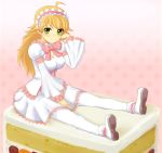  blonde_hair cake dress food green_eyes hairband hoshii_miki idolmaster lolita_fashion long_hair long_sleeves pantyhose pastry ribbon shoes solar_kaichuudentou solo sweet_lolita tights white_legwear white_pantyhose 