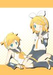  blue_eyes bow brother_and_sister cosplay costume_switch detached_sleeves hair_ornament hairclip headset highres kagamine_len kagamine_rin linco midriff nail_polish navel short_hair shorts siblings tongue twins v vocaloid wink 