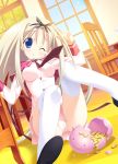  ;&lt; blonde_hair blue_eyes chair erect_nipples hair_ribbon hairband highres lolotte_rosenkreuz long_hair necktie panchira_sit panties pantyshot pantyshot_sitting piggy_bank pink_panties ribbon school_uniform sitting tear tears thigh-highs thighhighs twinkle_crusaders underwear white_legwear white_thighhighs window wink 