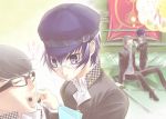  blue_hair cabbie_hat chocolate couple feeding gakuran glasses hat houndstooth narukami_yuu persona persona_4 reverse_trap sakurasawa_yukino school_uniform seta_souji shirogane_naoto short_hair smile sword weapon 