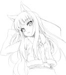  grune_(artist) hand_in_hair holo jacket long_hair looking_at_viewer monochrome spice_and_wolf 