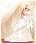  bare_shoulders blonde_hair bride dress flower gown long_hair looking_back ootsuki_ren wedding_dress 