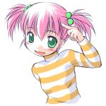  1girl :d blush bosshi face flat_chest green_eyes hair_bobbles hair_ornament moe moe_(bosshi) moe_(character) open_mouth original pink_hair pointing shirt short_hair short_twintails simple_background sketch small_breasts smile solo striped striped_shirt turtleneck twintails 