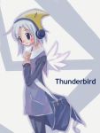  1girl :o bag black_legwear blue_eyes blush carrying_over_shoulder character_name grey_background hat headphones long_sleeves os-tan pantyhose parted_lips purple_vest school_bag short_hair silver_hair simple_background solo thunderbird vest 