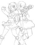  2girls blush boots cosplay crossover cure_black cure_black_(cosplay) cure_white cure_white_(cosplay) elbow_gloves futari_wa_precure gloves greyscale gun knee_boots kuga_natsuki long_hair look-alike magical_girl midriff monochrome multiple_girls my-hime parody precure short_hair shorts_under_skirt sketch tokiha_mai weapon white_background 