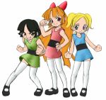  3girls alternate_legwear black_hair black_shoes blonde_hair blossom_(ppg) blue_eyes bubbles_(ppg) buttercup_(ppg) cartoon_network colored dress green_eyes mary_janes multiple_girls powerpuff_girls red_eyes redhead shoes sketch sleeveless thigh-highs tomomimi_shimon zettai_ryouiki 