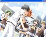  2boys 3girls black_hair blush bow bowtie brown_hair building cravat fuyou_kaede game_cg glasses green_hair hair_ribbon incipient_kiss kiss leaning_forward mayumi_thyme midoriba_itsuki multiple_boys multiple_girls official_art ribbon school_uniform shigure_asa shuffle! surprised suzuhira_hiro sweatdrop thigh-highs tsuchimi_rin vest windows_xp 