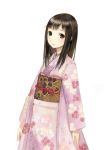  1girl brown_eyes brown_hair expressionless floral_print furisode japanese_clothes kimono kishida_mel long_hair looking_at_viewer obi open_mouth original sash simple_background solo standing 