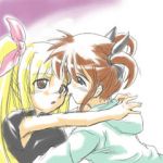  00s 2girls animated animated_gif fate_testarossa kiss lowres lyrical_nanoha mahou_shoujo_lyrical_nanoha multiple_girls takamachi_nanoha yuri 