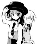  2girls adjusting_clothes adjusting_hat back-to-back belt blush_stickers book bow bowtie closed_eyes dress_shirt female ghostly_field_club greyscale hat long_hair looking_at_viewer lowres maribel_hearn monochrome multiple_girls necktie no_hat no_headwear profile shirt simple_background smile top_hat touhou usami_renko white_background 