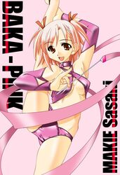  1girl bra breasts collar contortion detached_sleeves flexible hair_ribbon high_kick k.m.station kicking lingerie mahora_baka_rangers mahou_sensei_negima! panties pink_eyes pink_hair pink_panties ribbon sasaki_makie sentai short_twintails solo split standing twintails under_boob underwear underwear_only 