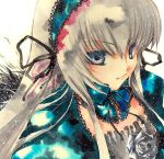  00s 1girl black_ribbon black_wings feathered_wings flower gothic_lolita hairband lolita_fashion lolita_hairband long_hair puffy_sleeves ribbon rose rozen_maiden silver_hair solo suigintou upper_body violet_eyes white_rose wings 