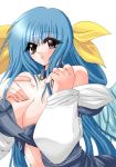  1girl :o arc_system_works bare_shoulders blue_hair blush breasts center_opening choker cleavage collarbone detached_sleeves dizzy eyelashes guilty_gear hair_ribbon hand_on_own_chest large_breasts long_hair long_sleeves looking_at_viewer open_mouth ribbon simple_background solo upper_body white_background 