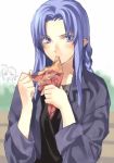  1girl ahoge blue_eyes blue_hair braid caster casual crepe drooling eating engo_(mongo) fate/stay_night fate_(series) long_hair pointy_ears saber short_hair 
