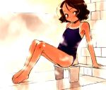 1girl barefoot feet one-piece_swimsuit one-piece_tan sasahara_yuuki solo swimsuit tan tanline 