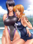  2girls alternate_costume bangs black_hair blue_sky blush breast_press breasts brown_eyes clouds competition_swimsuit curvy eyebrows_visible_through_hair female highleg highleg_swimsuit hips huge_breasts kagami_hirotaka large_breasts multiple_girls nami_(one_piece) nico_robin one-piece_swimsuit one_piece open_mouth orange_hair outdoors pool school_swimsuit shiny shiny_clothes sideboob sky smile spandex swimsuit tattoo thighs wide_hips 