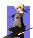  1girl ahoge bare_shoulders black_legwear blonde_hair blue_background braid dress fate/stay_night fate_(series) frilled_dress frills from_side green_eyes hair_ribbon head_tilt holding holding_sword holding_weapon long_sleeves looking_at_viewer nagare_hyougo ribbon saber short_dress smile solo sword thigh-highs weapon 