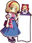  1girl alice_margatroid blonde_hair bow capelet female green_eyes hair_bow hairband satou_kibi scroll shanghai_doll shanghaialice short_hair smile solo touhou 