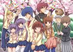  4boys 5girls antenna_hair apron blazer blonde_hair blue_hair boar botan brown_eyes brown_hair cherry_blossoms cigarette clannad confetti fujibayashi_kyou fujibayashi_ryou furukawa_akio furukawa_nagisa furukawa_sanae grey_hair group_picture hair_ribbon ibuki_kouko jacket jumping koumura_toshio multiple_boys multiple_girls necktie okazaki_tomoya pleated_skirt purple_hair ribbon sanae_(satansanae) sasago_kaze shoes siblings sisters skirt sunohara_youhei thigh-highs tomoya tree twins violet_eyes 