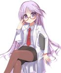  1boy child crossdressinging glasses happiness! kashiwamochi_yomogi labcoat male_focus miniskirt necktie nurse office_lady pantyhose pencil_skirt purple_hair red_necktie skirt smile solo syringe trap violet_eyes watarase_jun 