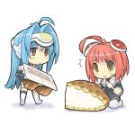  2girls blue_hair cake chibi food hair_ornament hairclip helmet kizaki kos-mos lowres m.o.m.o. multiple_girls pastry pink_hair red_eyes translated translation_request xenosaga xenosaga_episode_i yellow_eyes 