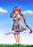  1girl ass breasts brown_eyes clouds dark_chronicle grass holding holding_sword holding_weapon level-5 long_hair looking_at_viewer looking_back monica_(dark_chronicle) monica_raybrandt multi-tied_hair redhead sky solo sword very_long_hair weapon wind 