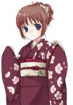  1girl blue_eyes brown_hair floral_print furisode japanese_clothes kimono kubyou_azami new_year obi original sash solo 