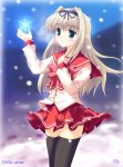  1girl black_legwear blue_eyes bow kusugawa_sasara long_hair long_sleeves pleated_skirt rakkyo red_bow school_uniform serafuku skirt snow snowing solo thigh-highs to_heart_2 white_hair 