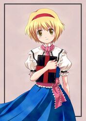  1girl alice_margatroid blonde_hair blush book book_hug brown_eyes female hairband haniwa haniwa_(leaf_garden) holding holding_book light_smile short_hair simple_background solo touhou upper_body 