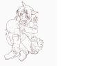  1girl animal_ears ass ball belt boots firefox fox_ears fox_tail full_body holding lineart looking_at_viewer miniskirt monochrome os-tan personification short_hair sitting sketch skirt sleeves_past_wrists smile solo tail thigh-highs zettai_ryouiki 
