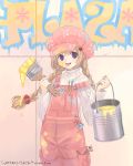  1girl :o beads blonde_hair blush buttons cowboy_shot graffiti hair_beads hair_ornament kuga_tsukasa long_sleeves open_mouth original overalls paint paint_can paintbrush solo standing sweater tongue tongue_out twintails violet_eyes wall 