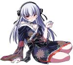  00s 1girl alcohol alternate_costume doll_joints japanese_clothes new_year pale_skin red_eyes rozen_maiden sake shinshin silver_hair solo suigintou 