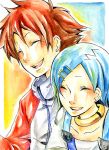  1boy 1girl :d blue_hair blush closed_eyes collarbone eureka eureka_seven eureka_seven_(series) jacket jewelry long_sleeves neck_ring open_mouth raglan_sleeves renton renton_thurston smile sportswear track_jacket zipper 