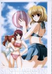  00s 3girls ahoge ball beachball bikini blonde_hair blue_eyes closed_eyes gundam gundam_seed gundam_seed_destiny hand_on_hip highres hips hug long_hair looking_back lunamaria_hawke meyrin_hawke multiple_girls red_eyes redhead shinano_yura short_hair siblings sisters stellar_loussier swimsuit twintails 