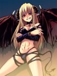  1girl abs blonde_hair bosshi bracelet collar crossed_arms demon_girl demon_tail grin horns jewelry long_hair navel original pentacle pointy_ears red_eyes smile smirk solo succubus tail wings 
