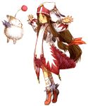  1girl bandage blush brown_hair clavat creature final_fantasy final_fantasy_crystal_chronicles floating_hair full_body green_eyes habit hair_ribbon hair_tubes long_hair low-tied_long_hair moogle open_mouth original outstretched_arms ribbon robe sakamoto_mineji shoes sidelocks simple_background smile solo spread_arms standing tied_hair tiptoes very_long_hair white_mage whitemage 