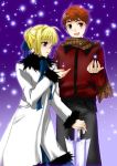  1boy 1girl blonde_hair coat couple emiya_shirou fate/stay_night fate_(series) green_eyes hetero mikami_mika ribbon saber scarf snow snowing umbrella 