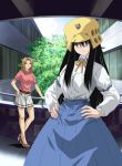  2girls black_hair brown_hair cosplay dress genshiken hat high_heels kasukabe_saki kujibiki_unbalance long_hair lowres multiple_girls oono_kanako ritsuko_kubel_kettenkrad ritsuko_kubel_kettenkrad_(cosplay) shoes short_hair skirt 