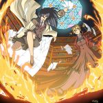  2girls battle black_hair blonde_hair book crossover dress fire flying_paper glasses gloves jewelry library long_hair magic multiple_girls necklace necktie paper parody read_or_die robin_sena skirt stained_glass trench_coat witch_hunter_robin yomiko_readman 
